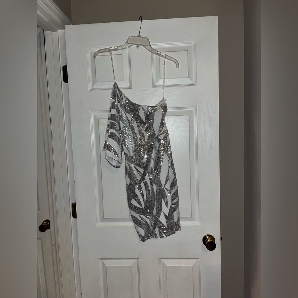 Brand: B. Darlin, Size: 3/4, White & Silver Off-Shoulder Homecoming Dress